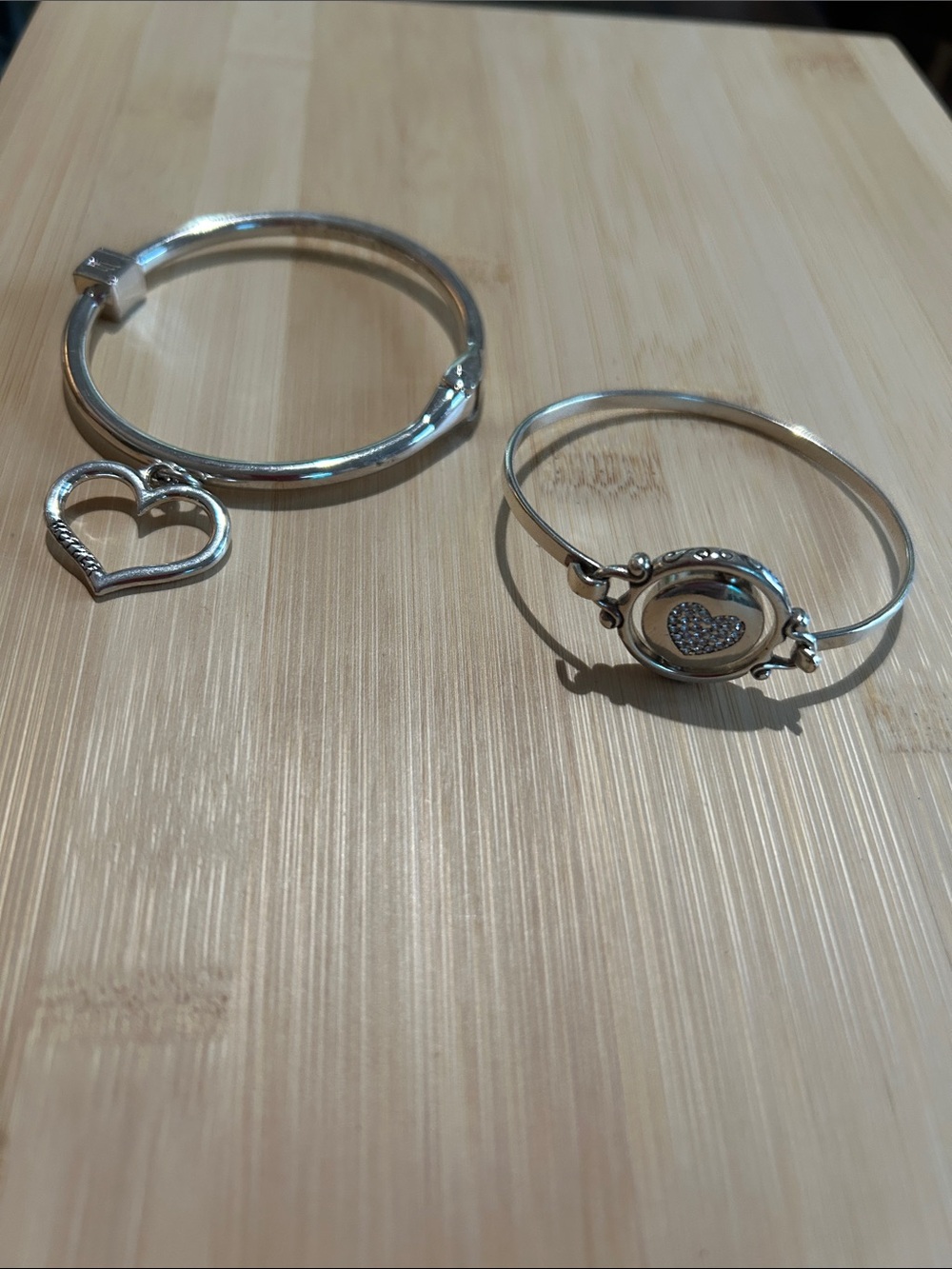 Two Silver Heart Charm Bangle Bracelet - Elegant Women's Jewelry